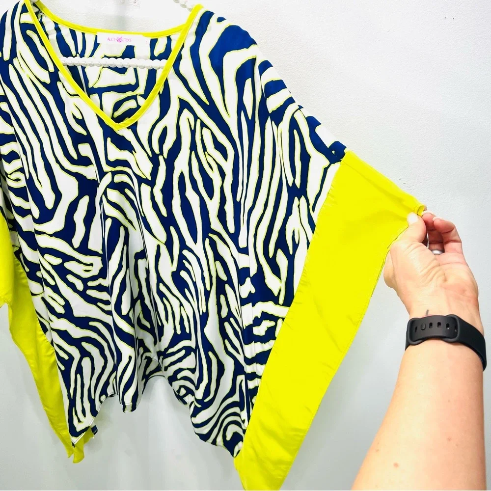 ALICE & TRIXIE Silk Neon Yellow Blue Short Sleeve Tunic Blouse Top Size … - Picture 8 of 11